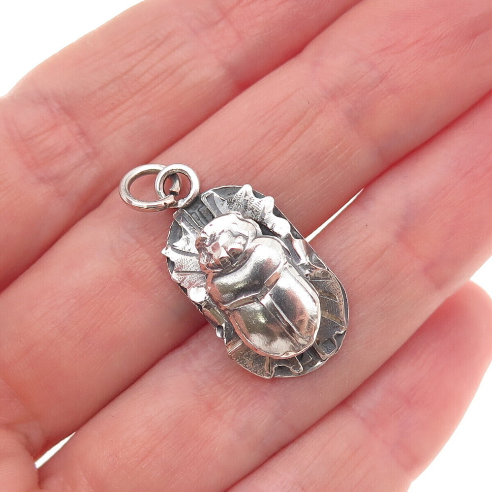 800 Silver Vintage Egyptian Scarab Oxidized 3D Charm Pendant